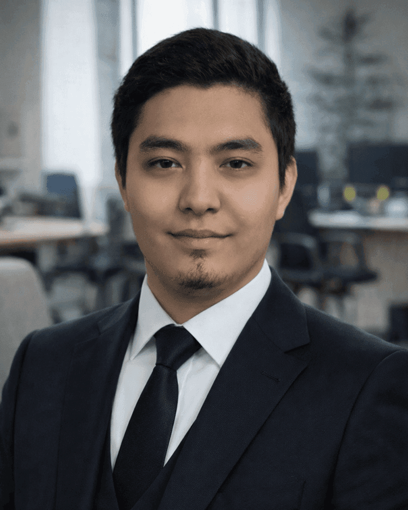 Server racklari ko‘rinib turgan texnologik ofisda qora ko'ylakdagi o‘rta yoshli erkak professional portreti